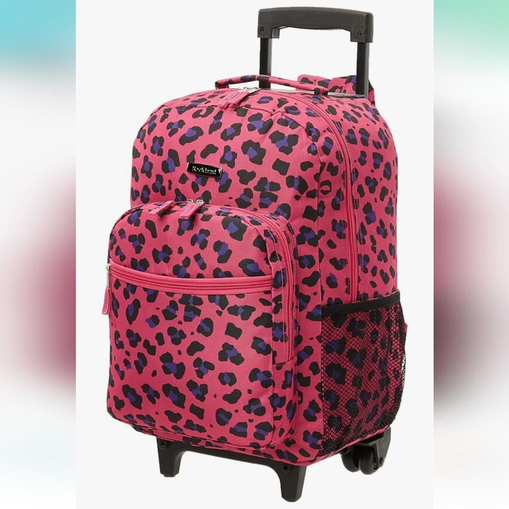 Pink Leopard Print Rolling Backpack - Picture 2 of 14